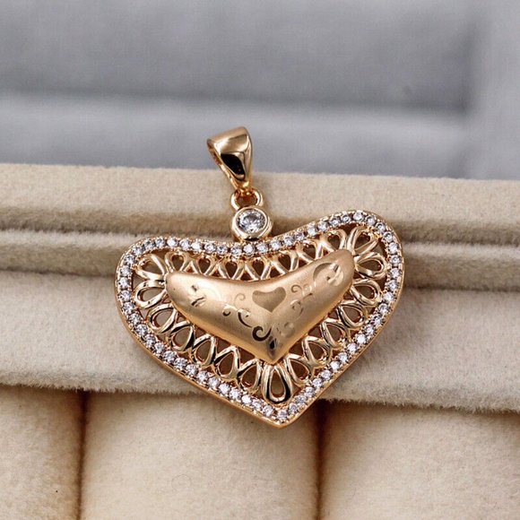 18K Yellow Gold Filled Luxury Heart Diamond Zircon Laser Carved Pendant Necklace - Picture 5 of 8